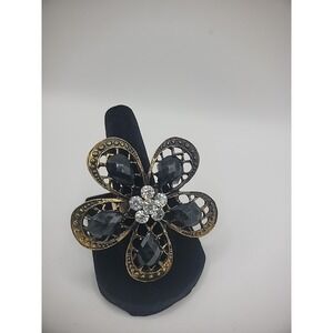 Vintage Ring Size 7 Gold Tone Black  White Crystals Adjustable Jewelry Costume